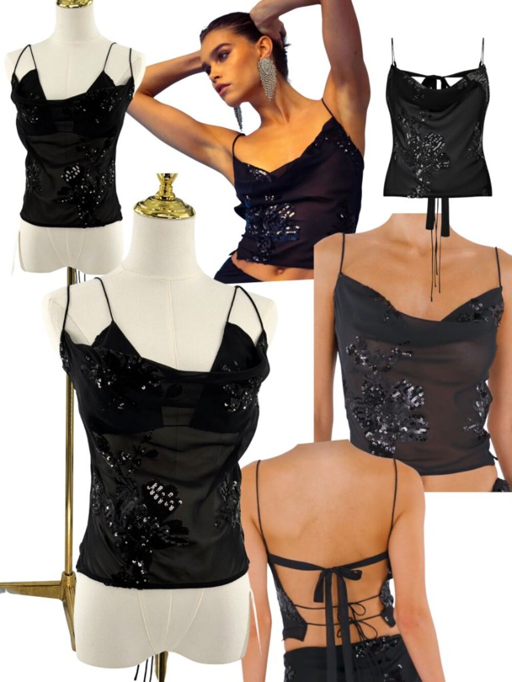 🆕 RAT & BOA 🧿 NWT Zanetti Enigma Tie-Back Cami + Bra, Black w Sequins - Sz L